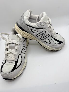 New Balance 990V4 Kids White and Black Mesh & Suede Sneakers
